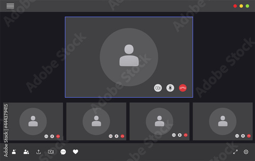 Video conferencing interface, user video call window. Social remote communication concept.