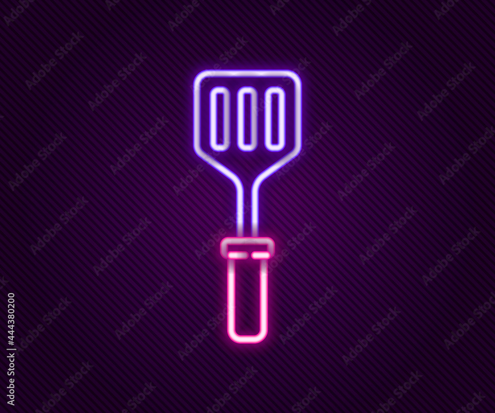 Fototapeta premium Glowing neon line Spatula icon isolated on black background. Kitchen spatula icon. BBQ spatula sign. Barbecue and grill tool. Colorful outline concept. Vector