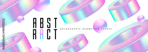Abstract background with 3D holographic geometric shapes. Modern design. Vector illustration