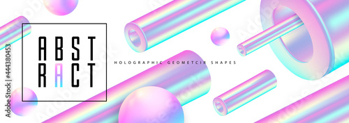 Abstract background with 3D holographic geometric shapes. Modern design. Vector illustration