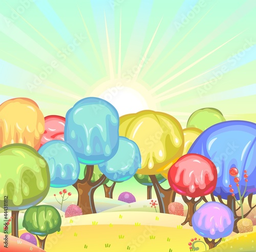 Candy background. Cartoon sweet land. Beads of jelly, ice cream and caramel. Chocolate. Cute childrens fairy landscape. Sky. Beautiful fantastic illustration. Vector