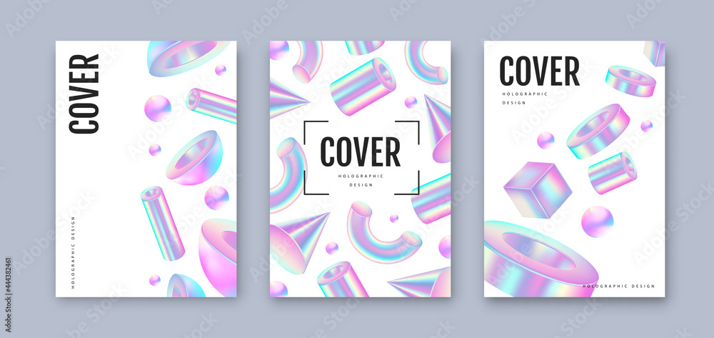 Set of Modern holographic covers with 3D geometric fllow abstract shapes.  Vector illustration