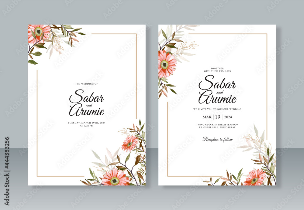 Wedding invitation template with watercolor painting flowers
