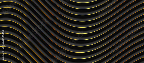 Abstract 3D black wavy background with gold pattern. Minimalist empty striped blank BG vector illustration.