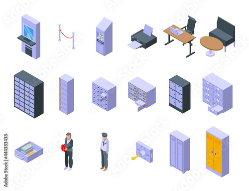 Deposit room icons set isometric vector. Money box. Access security
