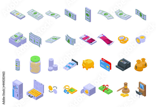 Bank cash icons set isometric vector. Money dollar cash. Euro coin wallet