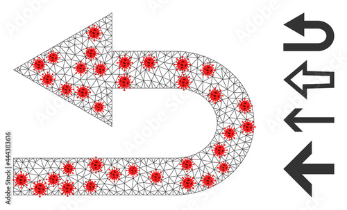 Mesh turn left in lockdown style. Mesh wireframe turn left image in low poly style with organized lines and red virus centers. Vector structure is created from turn left with infection centers.