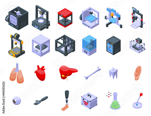 Bioprinting icons set isometric vector. Anatomy bioprinter. Bone cell bipprinting