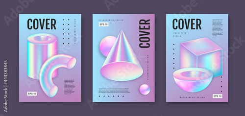 Set of Modern holographic covers with 3D geometric fllow abstract shapes.  Vector illustration photo