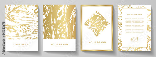 Modern gold cover, frame design set. Creative fashionable background with golden abstract marble pattern. Elegant trendy vector for makeup catalog, brochure template, beauty booklet, restaurant menu