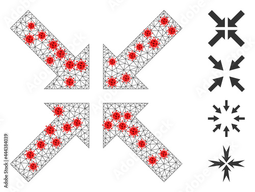 Polygonal pressure arrows in lockdown style. Polygonal wireframe pressure arrows image in low poly style with structured lines and red infectious centers.