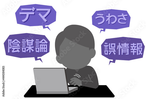 ネットに噂・デマ・誤情報・陰謀論を拡散する人物　イラスト