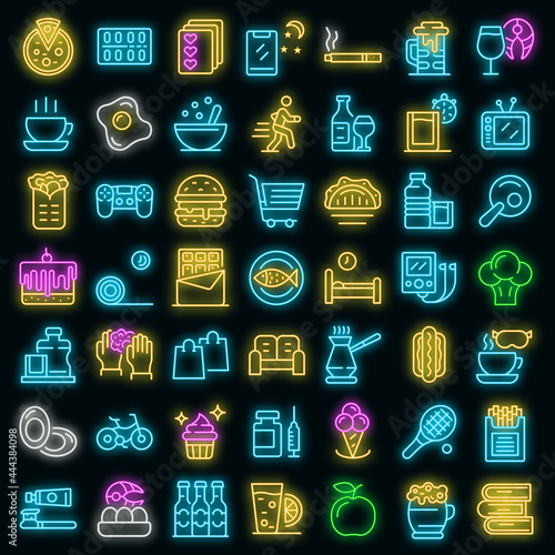 Habit icons set. Outline set of habit vector icons neon color on black