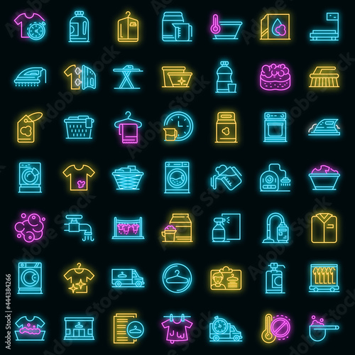 Dry cleaning icons set. Outline set of dry cleaning vector icons neon color on black
