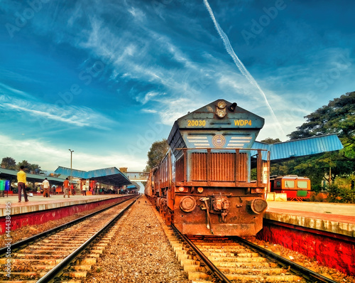 Indian railways train halted at a station near Mysore.