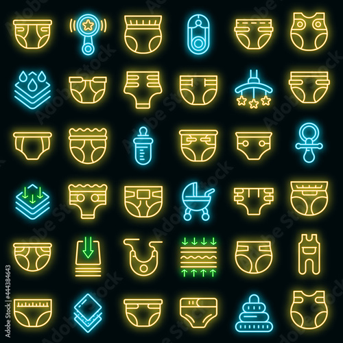 Diaper icons set. Outline set of diaper vector icons neon color on black