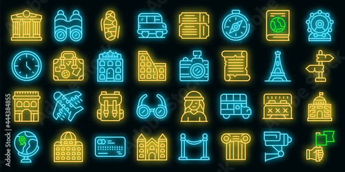 Sightseeing icons set. Outline set of sightseeing vector icons neon color on black