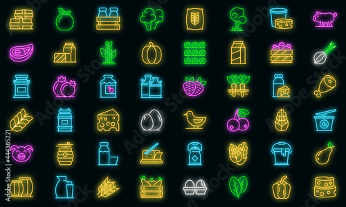 Farm products icons set. Outline set of farm products vector icons neon color on black