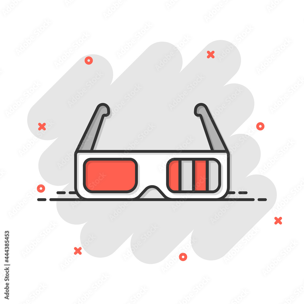 Film icon in comic style. Movie cartoon vector illustration on white isolated background. 3d glasses splash effect business concept. Film icon in comic style. Movie cartoon vector illustration on white isolated background. 3d glasses splash effect business concept.