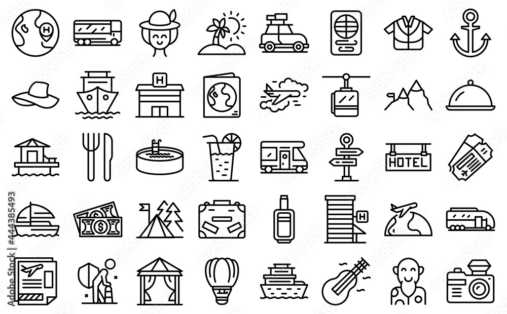 Retirement travel icons set outline vector. Health insurance safety. Medical travel policy Retirement travel icons set outline vector. Health insurance safety. Medical travel policy