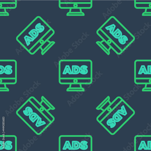 Line Advertising icon isolated seamless pattern on blue background. Concept of marketing and promotion process. Responsive ads. Social media advertising. Vector © Kostiantyn