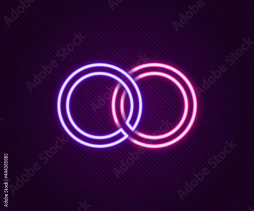 Glowing neon line Wedding rings icon isolated on black background. Bride and groom jewelry sign. Marriage symbol. Diamond ring. Colorful outline concept. Vector