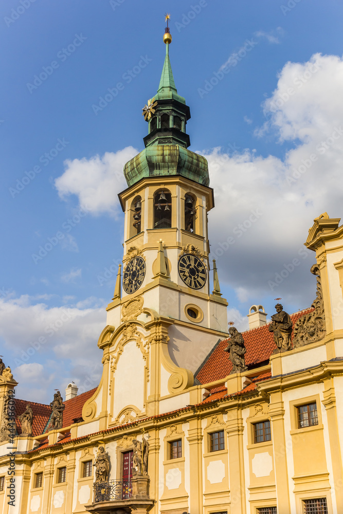 Tower of the historic Loreto monastery in Prague, Czech Republic