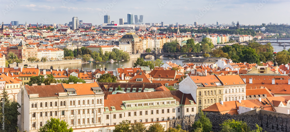 Panoramic view over the river Moldau (Vltava) and historic buildings in Prague, Czech Republic