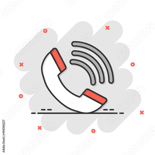 Phone icon in comic style. Telephone call cartoon vector illustration on white isolated background. Mobile hotline splash effect business concept.