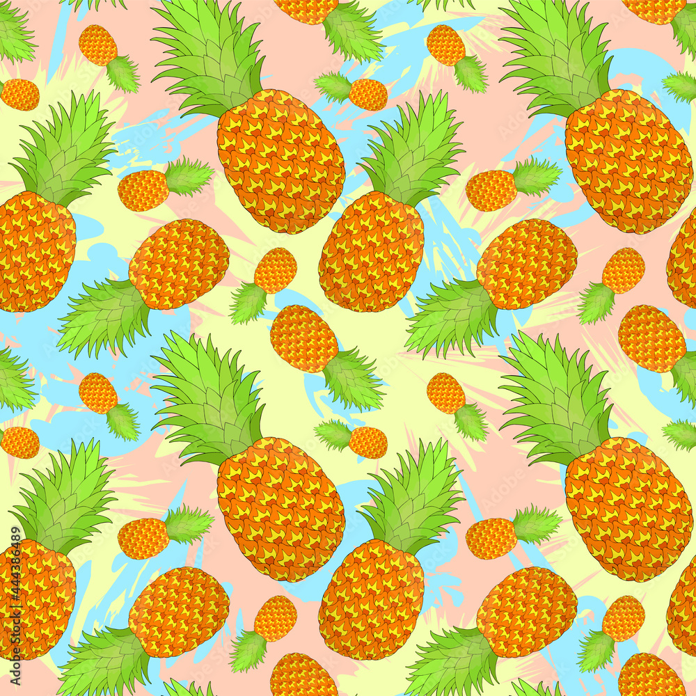 Pineapple seamless pattern on pastel stains background. Tropical fruit repeating endless texture. Yummy boundless background. Food surface pattern design. Editable tile for textile or stationery