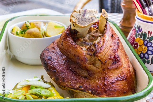 Canvas Print Traditional Czech roasted pork knuckle meat served with potatoes and vegetables