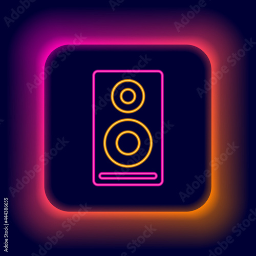 Glowing neon line Stereo speaker icon isolated on black background. Sound system speakers. Music icon. Musical column speaker bass equipment. Colorful outline concept. Vector