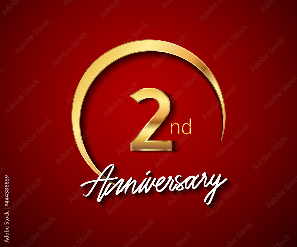 2nd anniversary golden color with circle ring isolated on red background for anniversary celebration event. 2nd anniversary golden color with circle ring isolated on red background for anniversary celebration event.