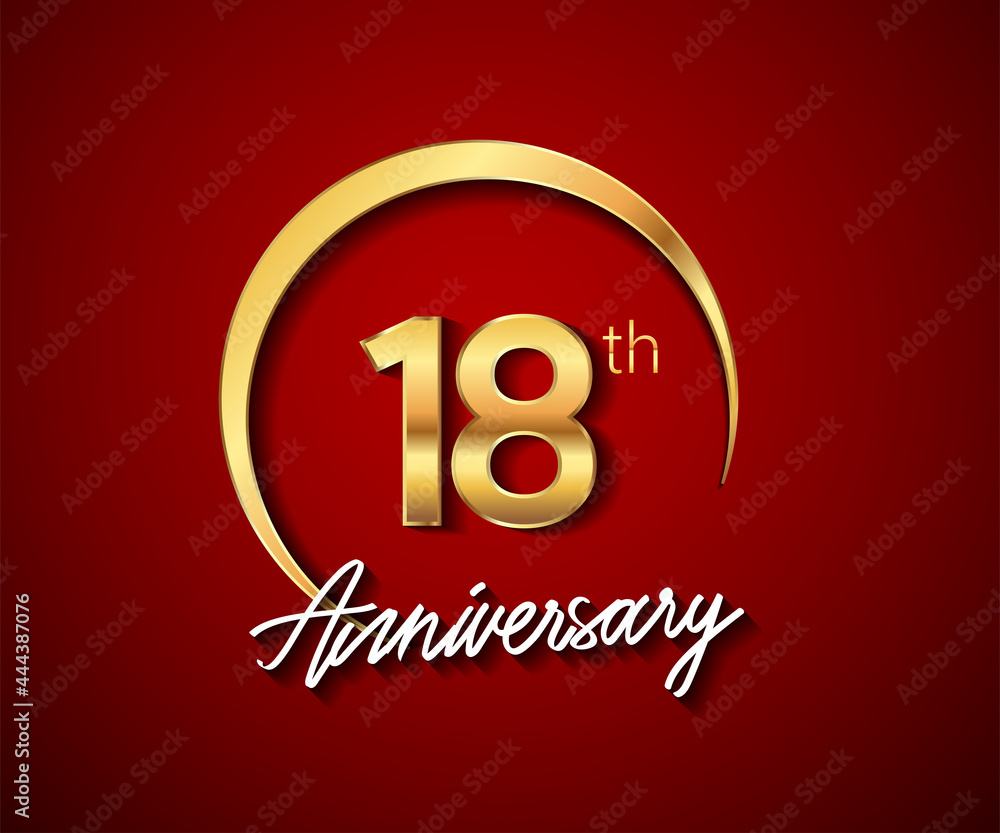 18th anniversary golden color with circle ring isolated on red background for anniversary celebration event. 18th anniversary golden color with circle ring isolated on red background for anniversary celebration event.