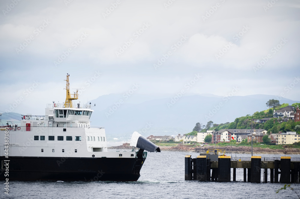 Ferry ship arriving at Scottish town of Wemyss Bay