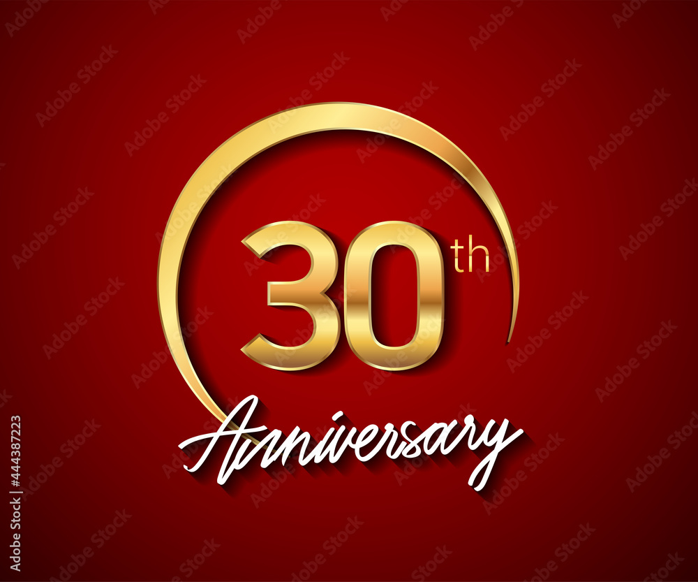 30th anniversary golden color with circle ring isolated on red background for anniversary celebration event. 30th anniversary golden color with circle ring isolated on red background for anniversary celebration event.