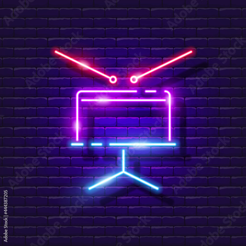 Drum neon sign. Music lesson Glowing icon. Musical group symbol. Vector illustration for design. Musical instruments concept. photo