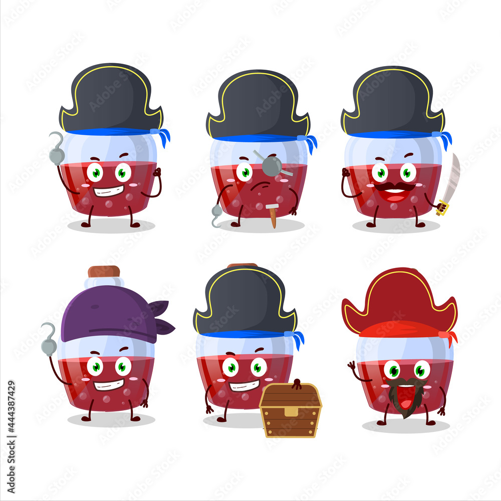 Cartoon character of red magic potion with various pirates emoticons Cartoon character of red magic potion with various pirates emoticons