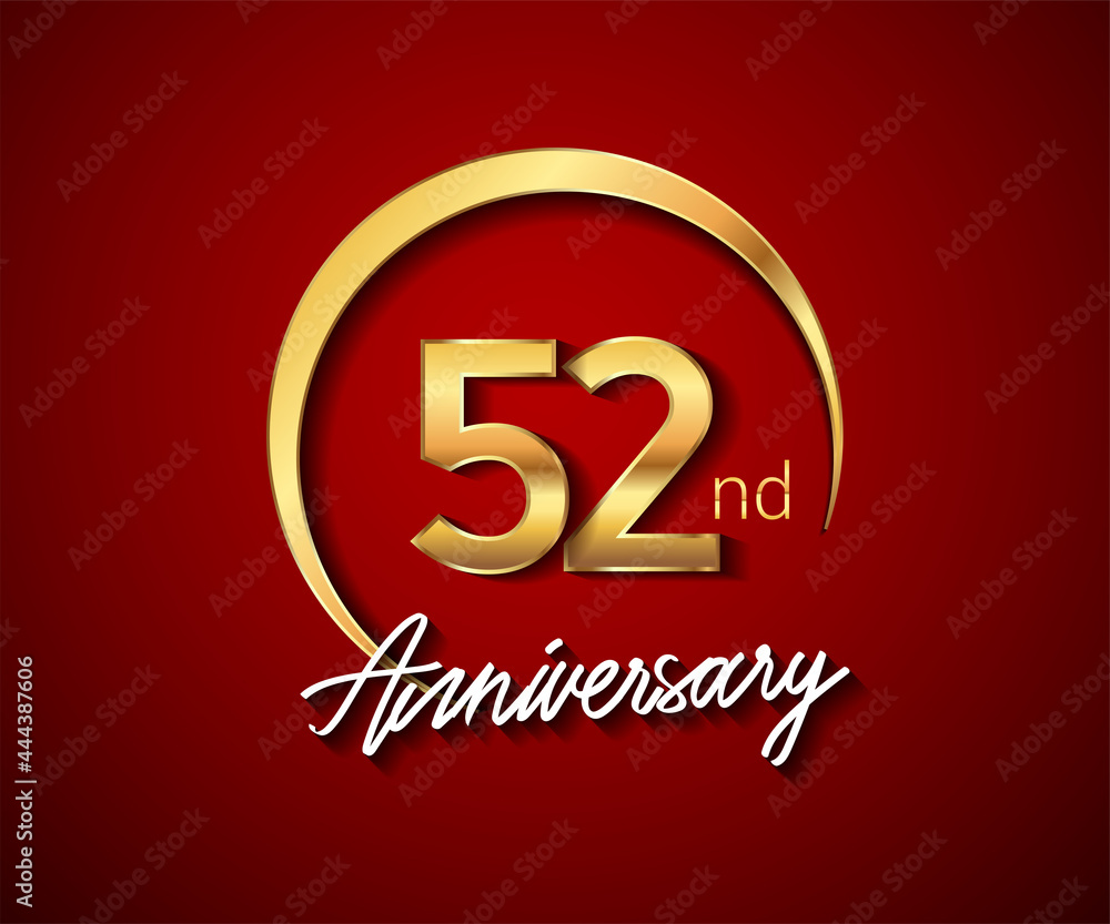 52nd anniversary golden color with circle ring isolated on red background for anniversary celebration event. 52nd anniversary golden color with circle ring isolated on red background for anniversary celebration event.