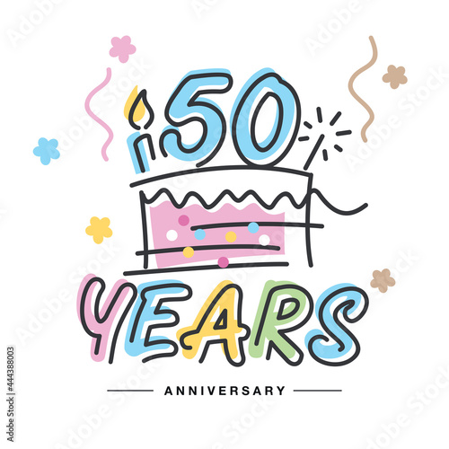 50 Years Anniversary handwritten typography lettering Greeting card with colorful big cake, sparkle firework, number, candle and confetti