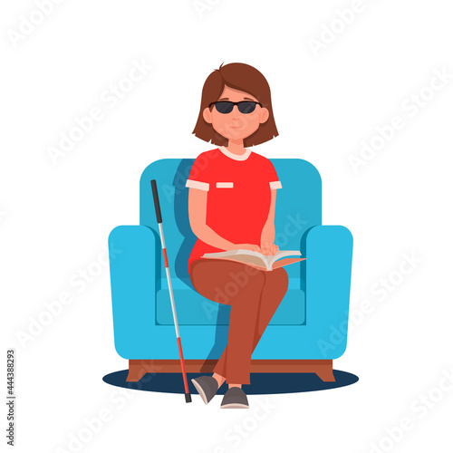 A blind girl disabled people reads a Braille book while sitting in a chair. Vector illustration