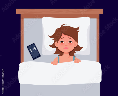 Sleepless girl suffers from insomnia. Tired young woman lying in bed and trying to fall asleep. Vector illustration