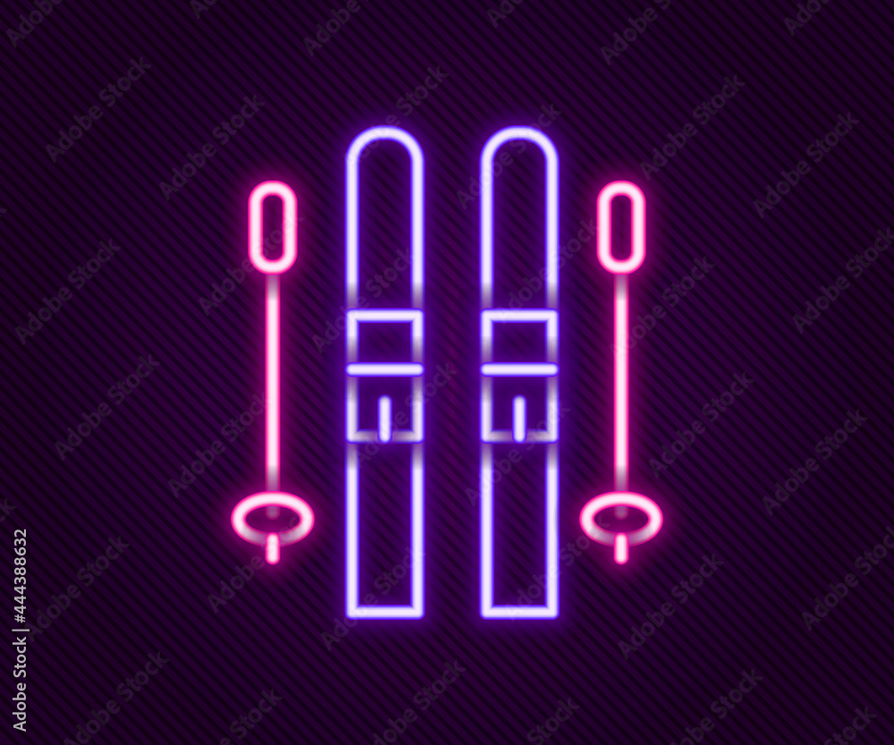 Glowing neon line Ski and sticks icon isolated on black background. Extreme sport. Skiing equipment. Winter sports icon. Colorful outline concept. Vector Glowing neon line Ski and sticks icon isolated on black background. Extreme sport. Skiing equipment. Winter sports icon. Colorful outline concept. Vector