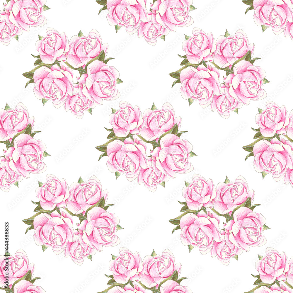 Painted watercolor pink peony circle pattern