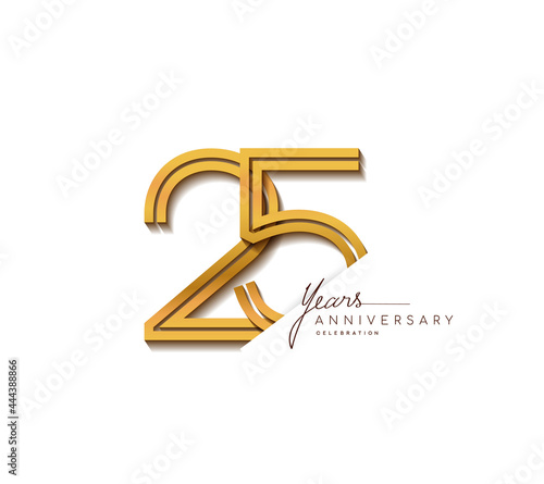 25th anniversary logo golden colored with linked number isolated on white background, vector design for greeting card and invitation card.