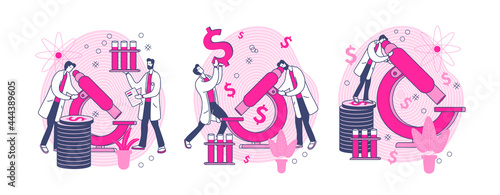 Conceptual set about investment in research. In pink and bluish gray. Very easy to edit and change colors.