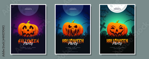 A set of flyers for a party in Helloween style. Vector pumpkin face on modern colorful background for cover, banner, brochure, poster, presentation. Vector illustration