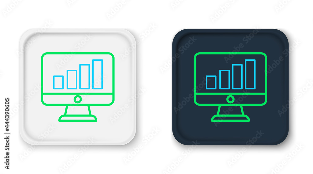 Line Computer monitor with graph chart icon isolated on white background. Report text file. Accounting sign. Audit, analysis, planning. Colorful outline concept. Vector Line Computer monitor with graph chart icon isolated on white background. Report text file. Accounting sign. Audit, analysis, planning. Colorful outline concept. Vector