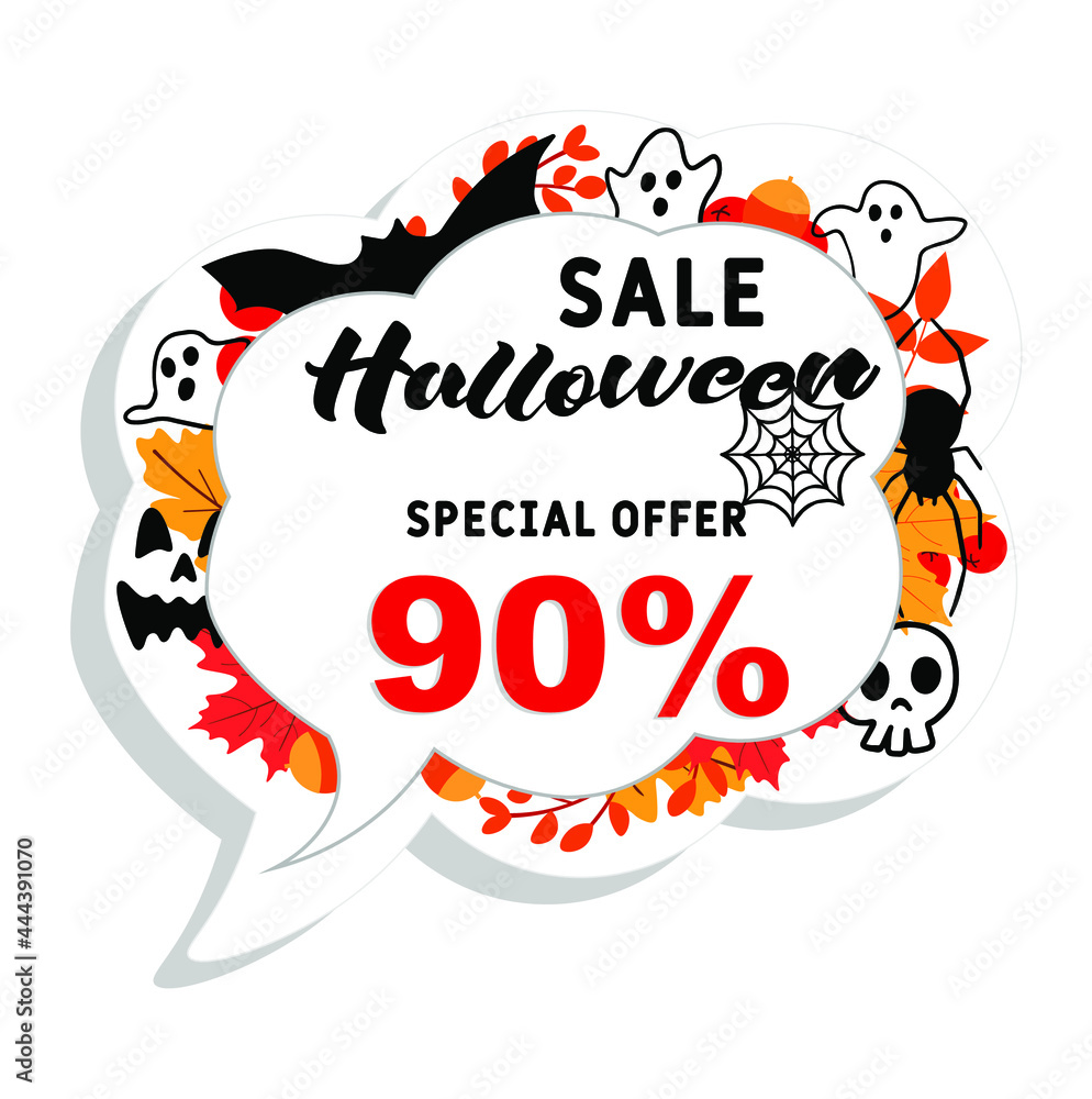Sale Banner for Happy Halloween holiday. Autumn sale background with 90% discount. Discount card for web, poster, flyers, ad, promotions, blogs, social media, marketing. Halloween Sale special offer.