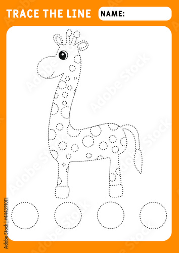 little giraffe. Preschool worksheet for practicing fine motor skills - tracing dashed lines. Tracing Worksheet. Illustration and vector outline - A4 paper ready to print.